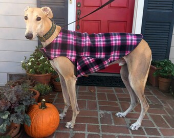 Greyhound Coat | XL Dog Jacket | Big Dog Coat | Hot Pink, Pink, Black, and Charcoal Gray Plaid Fleece with Charcoal Gray Fleece Lining