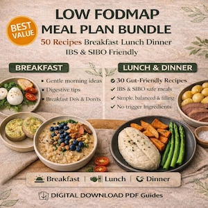 Op de afbeelding: Een promotieafbeelding voor een low FODMAP maaltijdplanbundel. De afbeelding toont diverse gerechten voor ontbijt, lunch en diner, met tekst die de voordelen van het plan benadrukt, waaronder IBS- en SIBO-vriendelijkheid. De afbeelding bevat ook de tekst "Best Value".