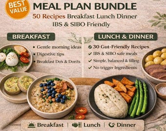 May include: A promotional image for a low FODMAP meal plan bundle. The image features various dishes representing breakfast, lunch, and dinner, with text highlighting the plan's benefits, including IBS and SIBO friendliness. The image also includes the text "Best Value".
