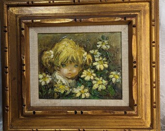 Christl Hansen "The Little One" Big Eye Blonde Girl & Daisies Framed Painting