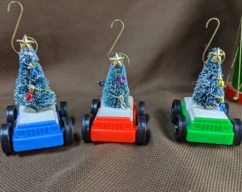 ONE Vintage Fisher Price Little People Toy Car with Bottle Brush Tree Christmas Ornament Handmade YOU PICK 1