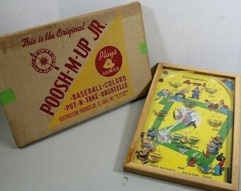 Vintage Poosh-M-Up Jr 4 In 1 Tabletop Pinball Baseball Game Bagatelle In Box IOB