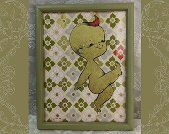 Vintage Chuck Gruen Litho Naked Baby Mid Century HTF unsigned metallic gold