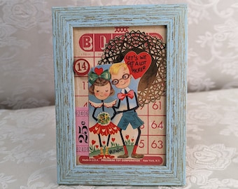 Handmade Framed Decor made with Vintage Valentine Card, Bingo Card & Marker 14