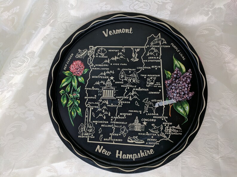 Vintage Vermont New Hampshire Black Metal Souvenir Tray Retro Etsy