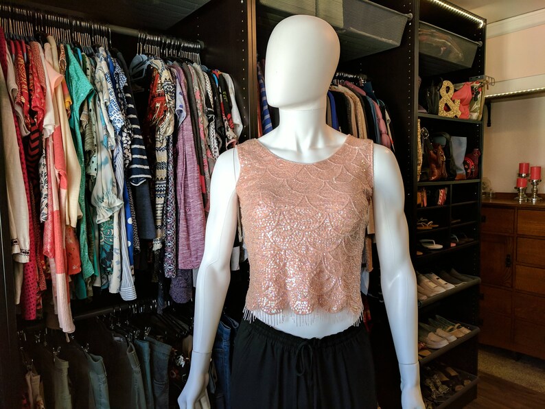 Vintage Pink Beaded Flapper Wool /& Lined Sequins Sleeveless Top S Hong Kong *