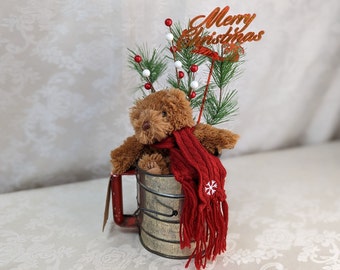 OOAK Christmas Decor Teddy Bear Merry Christmas Handmade with Vintage Sifter