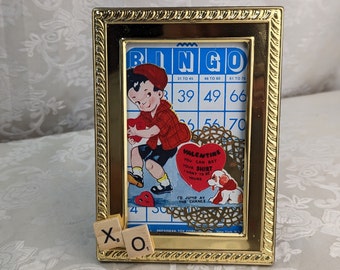 Handmade Framed Decor made with Vintage Valentine Card & Bingo Card - XO