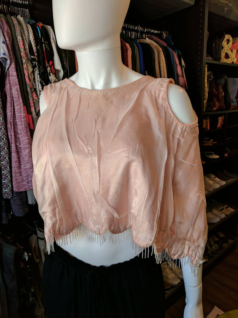 Vintage Pink Beaded Flapper Wool /& Lined Sequins Sleeveless Top S Hong Kong *