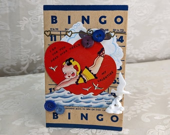 VALENTINE Decor made with Vintage Bingo Card, Valentine & Seagull with easel