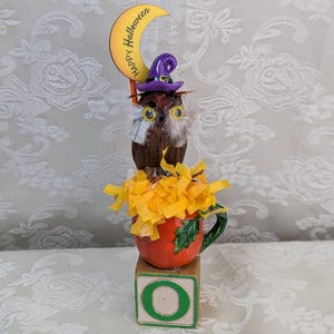 HALLOWEEN Decor Vintage Owl in Vintage Mini Pot on Vintage Block - Crescent Moon