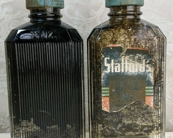 2 Vintage Ink Bottle STAFFORD'S Spout partial and no label, ink & dried ink 16 Oz for decor / display