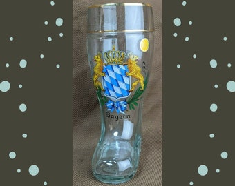 Beer Glass Boot Bayern Coat of Arms Bavaria Germany WS Gold Trim 7.75"