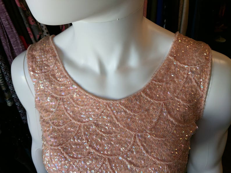 Vintage Pink Beaded Flapper Wool /& Lined Sequins Sleeveless Top S Hong Kong *