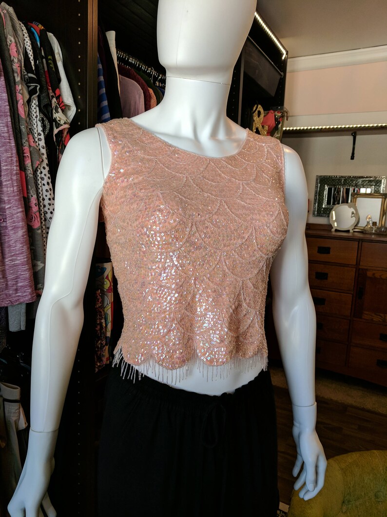 Vintage Pink Beaded Flapper Wool /& Lined Sequins Sleeveless Top S Hong Kong *