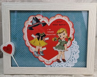 Handmade Framed Decor made with Vintage Valentine Card & Cake Topper