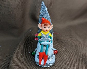 Vintage Baby Shoe & Knee Hugger Elf Christmas Decor handmade, with a bottle brush tree, jingle bells, and star