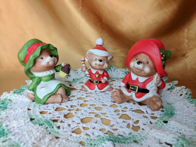 Vintage Set Of 3 Homco Home Interiors Christmas Bear Figurines 5600 Santa