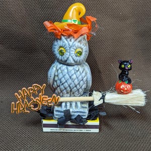 HALLOWEEN Decor Embellished Figurine Vintage Owl on a Vintage Match Box WITCH BROOM Cat