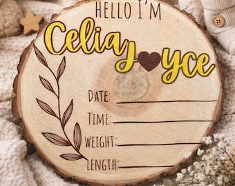 Letrero de madera personalizado para anunciar el nacimiento — Hola, soy — Recuerdo personalizado con nombre DTF