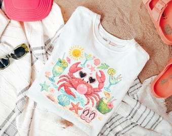 Shirt met grappige krab, comfortkleuren, T-shirt Crab Blowing Bubble, nautisch T-shirt Beach Vibes