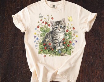 Vintage Strawberry Kitten Comfort Colors-shirt, jaren 90 Floral Cat Graphic T-shirt