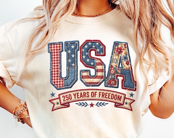Shirt America 250, VS patchworkletters imitatieborduurwerk T-shirt, patriottisch 250-jarig jubileum 1776 2026