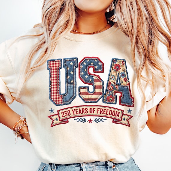 America 250 Shirt, USA Patchwork Letters Faux Embroidery Tee, Patriotic 250th Anniversary 1776 2026