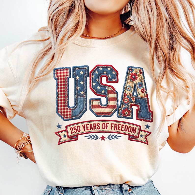 Patriotic faux embroidery USA patchwork letters shirt with denim floral and gingham design for America 250 years of freedom