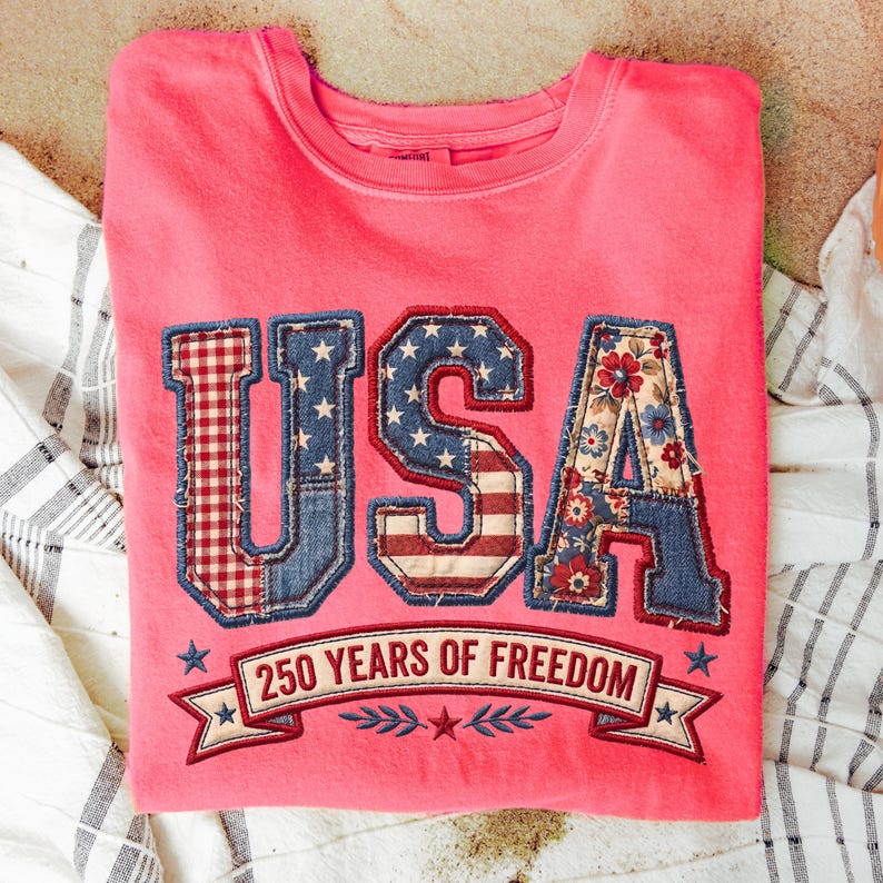 Patriotic faux embroidery USA patchwork letters shirt with denim floral and gingham design for America 250 years of freedom