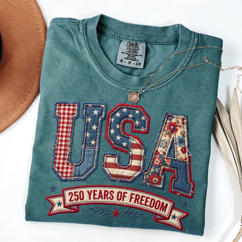 Patriotic faux embroidery USA patchwork letters shirt with denim floral and gingham design for America 250 years of freedom