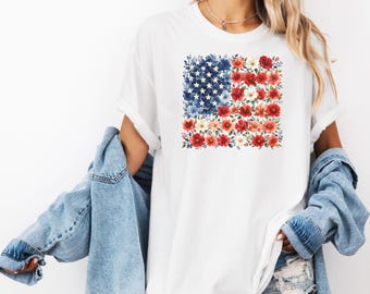 Shirt met bloemen Amerikaanse vlag, patriottische wilde bloem 4 juli T-shirt, lange mouw, Red Poppy USA Pride Botanical shirt