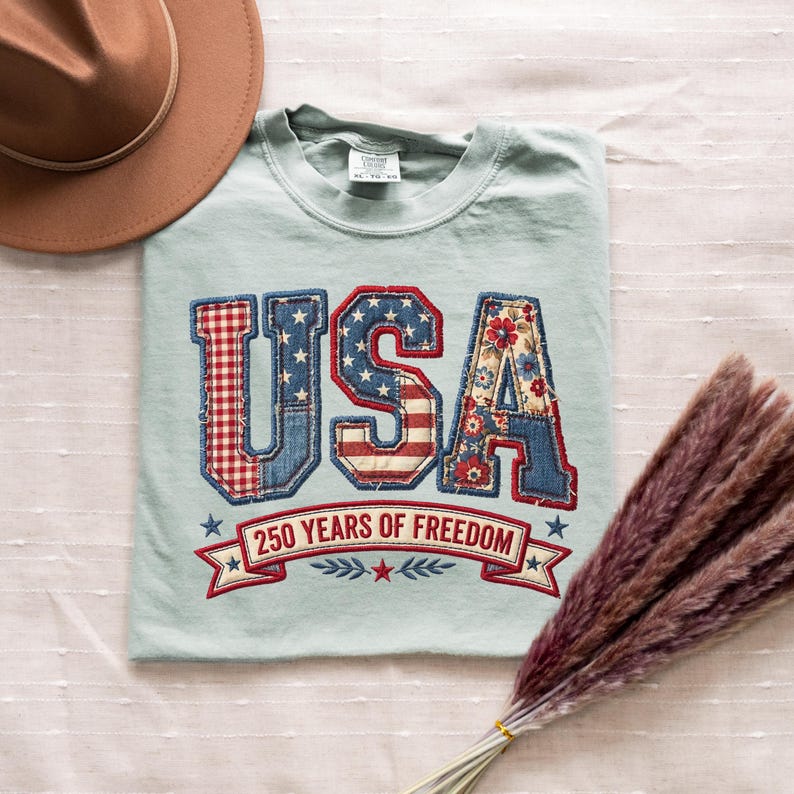 Patriotic faux embroidery USA patchwork letters shirt with denim floral and gingham design for America 250 years of freedom