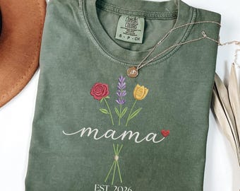 Personalized Floral Mama Shirt, Faux Embroidery Comfort Colors, Custom Est Year Mom Gift