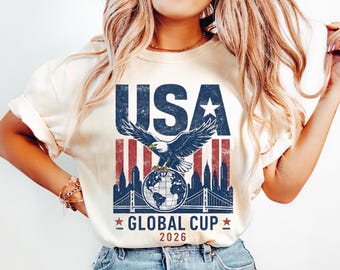Global Cup 2026 USA voetbalshirt, patriottische adelaar graphic T-shirt, vintage bridge Skyline-top, comfort Colors® America Football fankleding