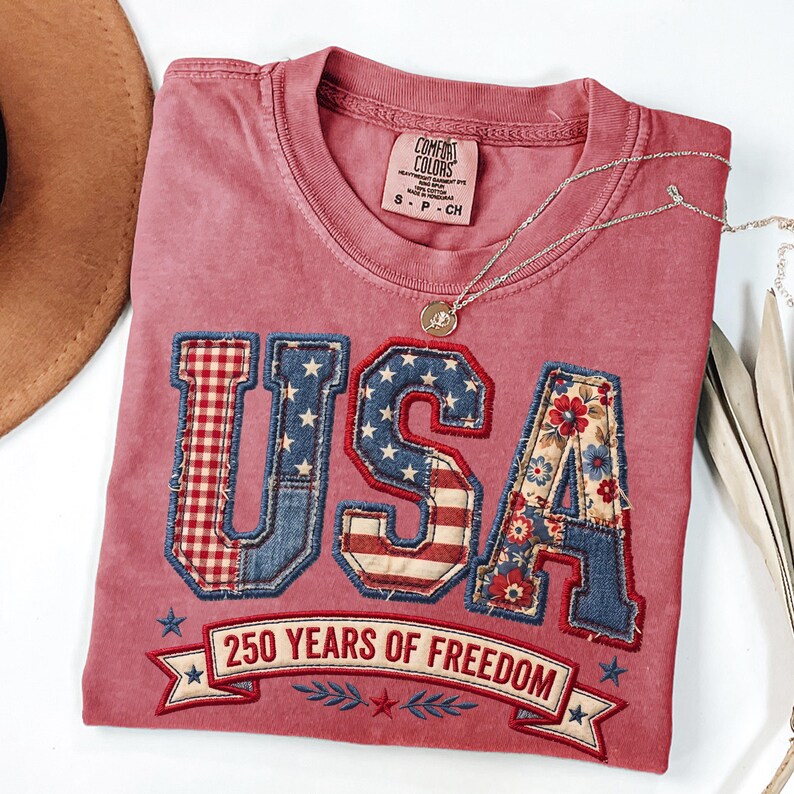 Patriotic faux embroidery USA patchwork letters shirt with denim floral and gingham design for America 250 years of freedom