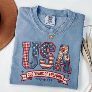 Patriotic faux embroidery USA patchwork letters shirt with denim floral and gingham design for America 250 years of freedom