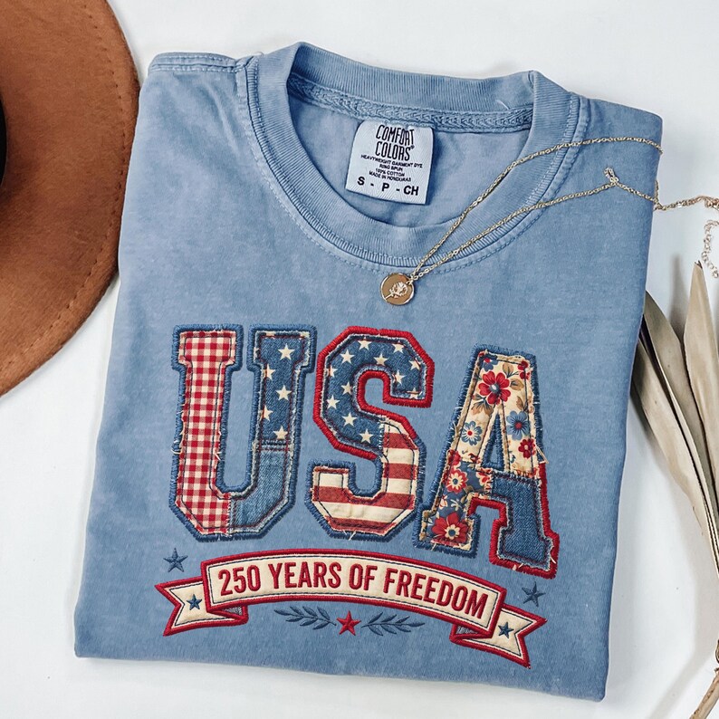 Patriotic faux embroidery USA patchwork letters shirt with denim floral and gingham design for America 250 years of freedom