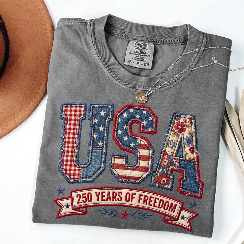 Patriotic faux embroidery USA patchwork letters shirt with denim floral and gingham design for America 250 years of freedom