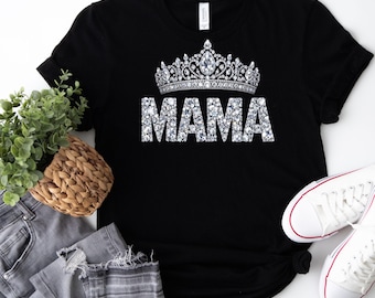 Camiseta de mamá con corona de diamantes de imitación / Camiseta de mamá reina con tiara brillante de imitación / Camiseta elegante de maternidad "La mejor mamá del mundo" Regalo para el Día de la Madre