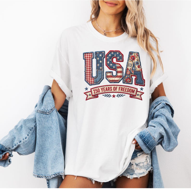 Patriotic faux embroidery USA patchwork letters shirt with denim floral and gingham design for America 250 years of freedom