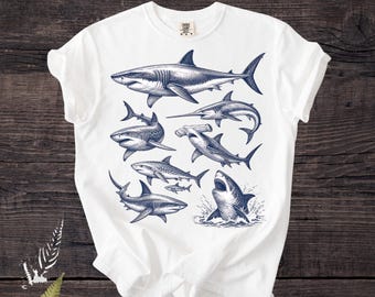Vintage T-shirt met haaienprint, shirt Marine Biology Ocean Life, cadeau coole haaienliefhebber, comfortabele kleuren