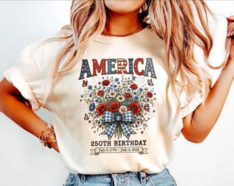 Verjaardagsshirt VS, T-shirt met patriottische bloemen, 250e verjaardag, America 250, 4 juli