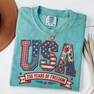 Patriotic faux embroidery USA patchwork letters shirt with denim floral and gingham design for America 250 years of freedom