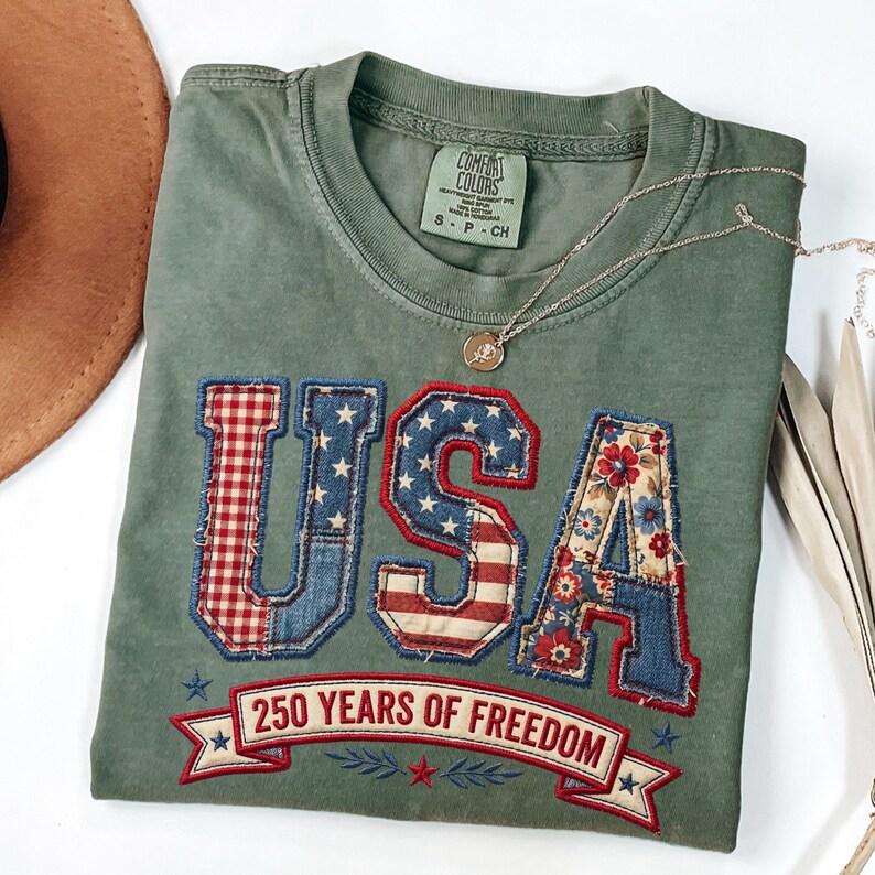 Patriotic faux embroidery USA patchwork letters shirt with denim floral and gingham design for America 250 years of freedom