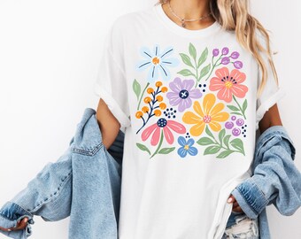 Trendy T-shirt met boho-bloemen en comfortkleuren, wilde bloemenprint en botanische top, retro T-shirt met pastelkleurige madeliefjes