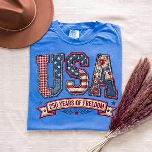 Patriotic faux embroidery USA patchwork letters shirt with denim floral and gingham design for America 250 years of freedom