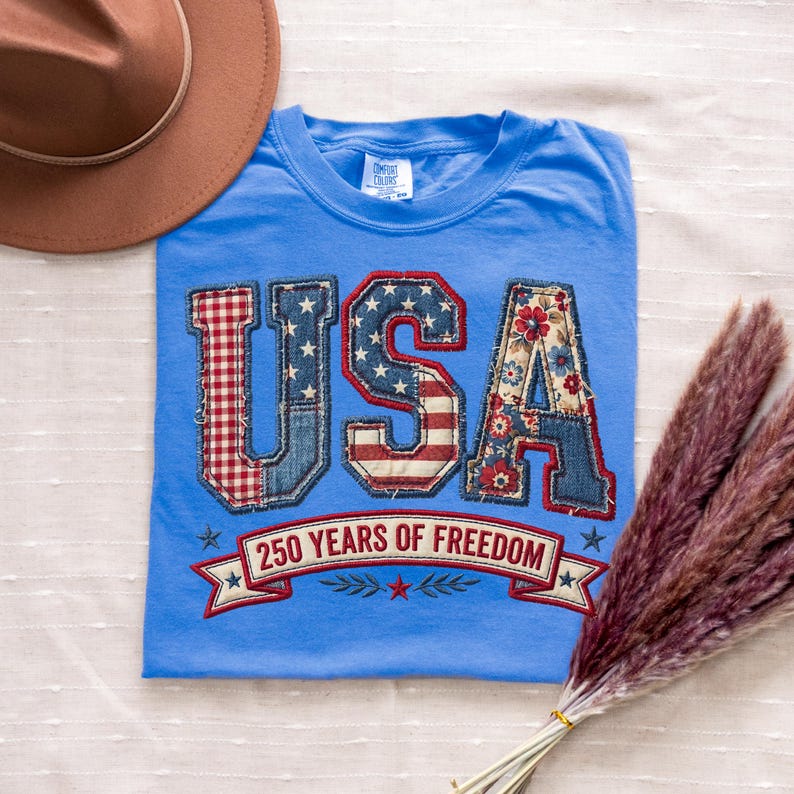 Patriotic faux embroidery USA patchwork letters shirt with denim floral and gingham design for America 250 years of freedom