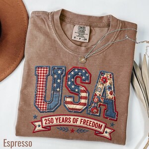 Patriotic faux embroidery USA patchwork letters shirt with denim floral and gingham design for America 250 years of freedom