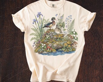 Vintage shirt met houten eend, gebloemd natuur T-shirt, comfortabele kleuren Bird Watcher-top